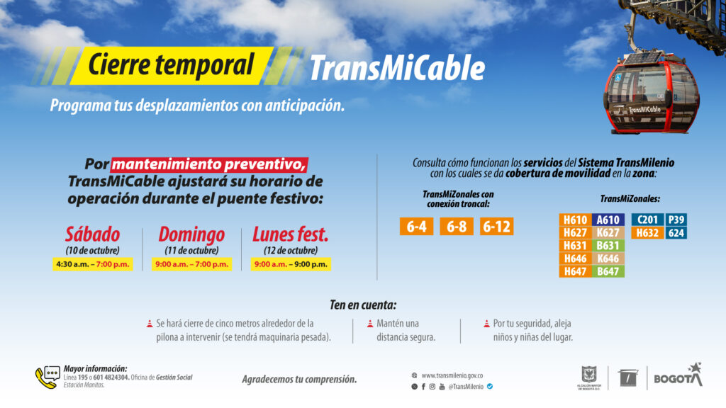 TransMiCable ajustará temporalmente sus horarios de operación por mantenimiento preventivo